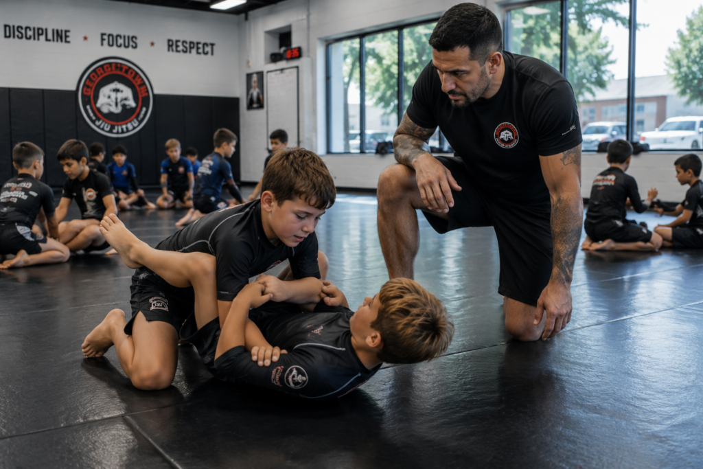 Two children grappling under instructor supervision during a kids BJJ class