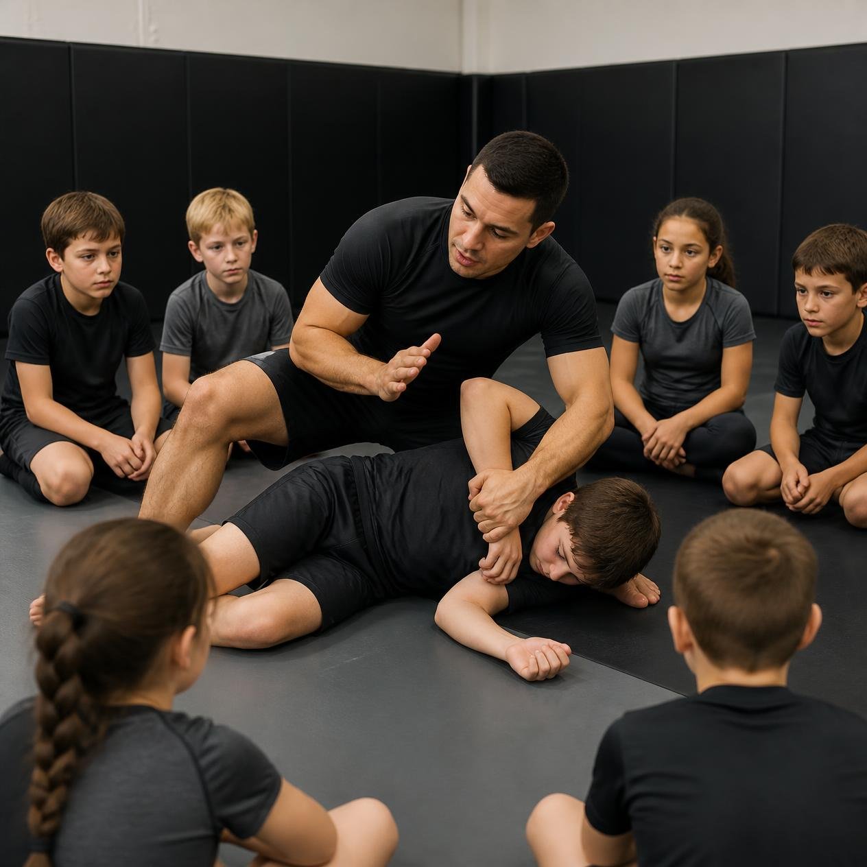 Coach teaching a child bully-proof grappling control at Georgetown TX jiu jitsu class