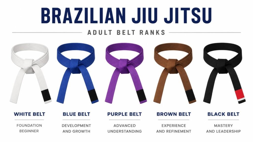 jiu jitsu belt system showing all five adult belt ranks in order