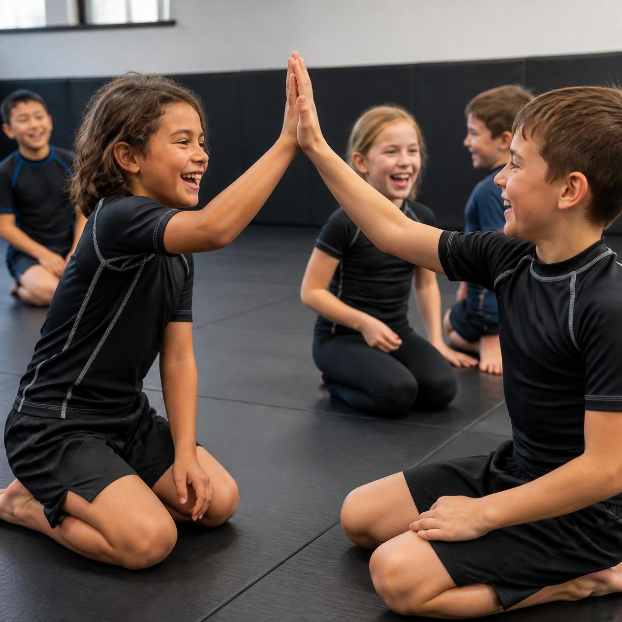 Kids celebrating together after no-gi jiu jitsu class in Georgetown TX